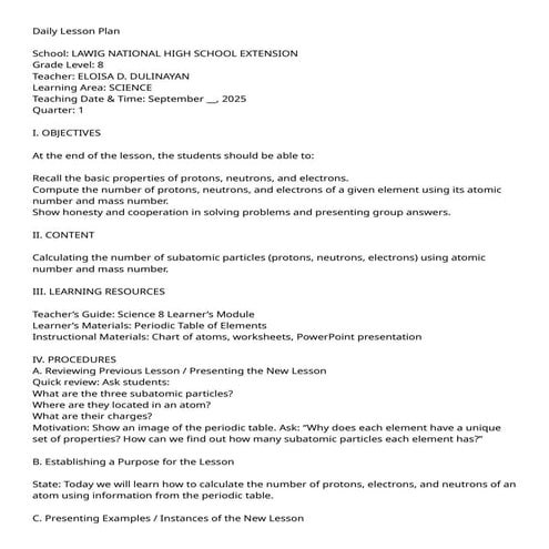 Comprehensive Science Lesson Plan on Atomic Structure and Subatomic ...