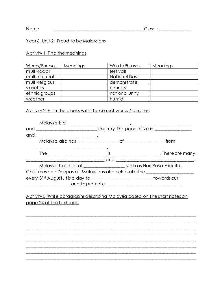 year 6 unit 2 proud to be malaysians describing malaysia worksheet