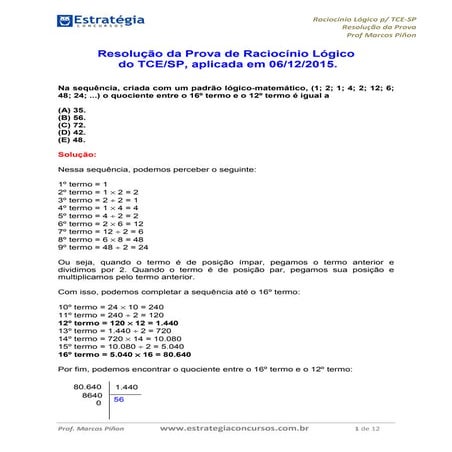 Prova de Raciocínio Lógico do TCE-SP 2015