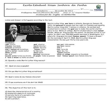 avaliação de Inglês  Ensino.Médio II bimestre