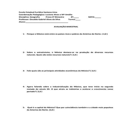 Prova 4 bimestre de geografia 8º ano