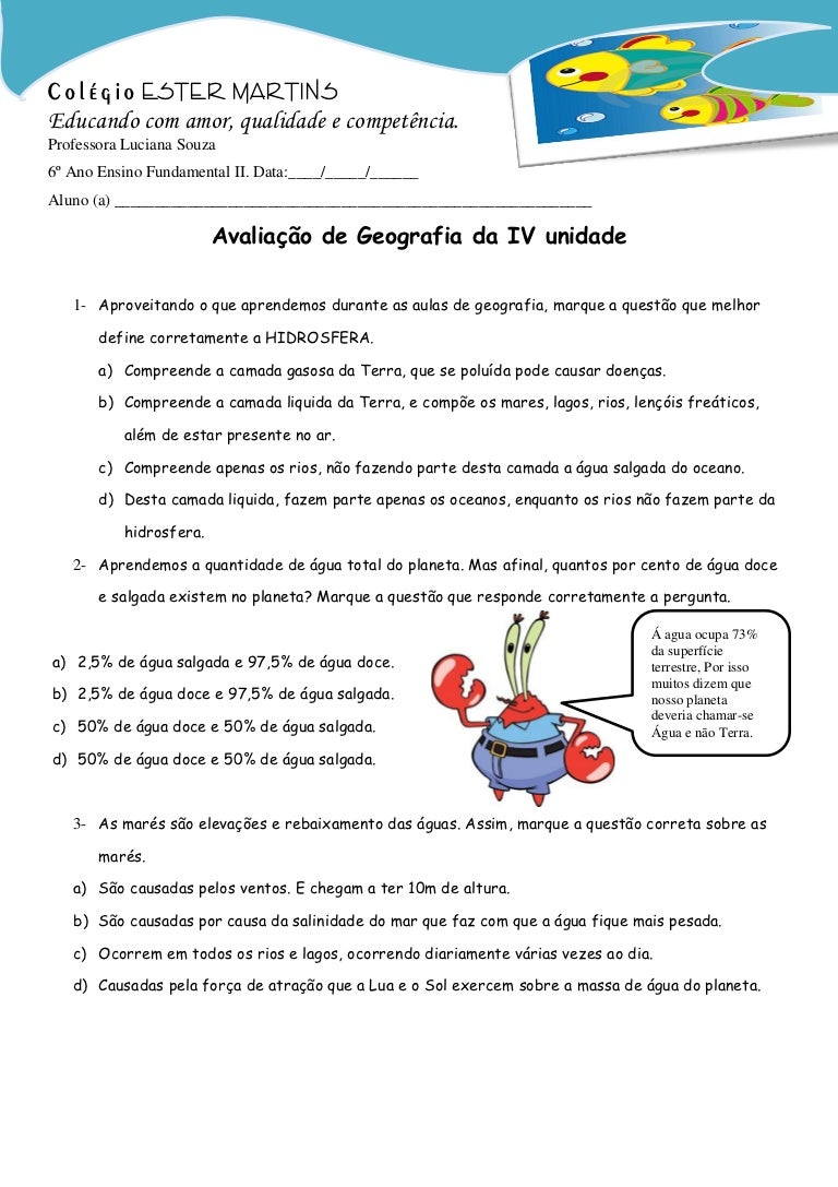Prova 6 ano iv unidade.