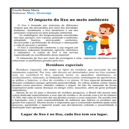 O impacto do lixo ao meio ambiente / Residuos especiais | DOCX