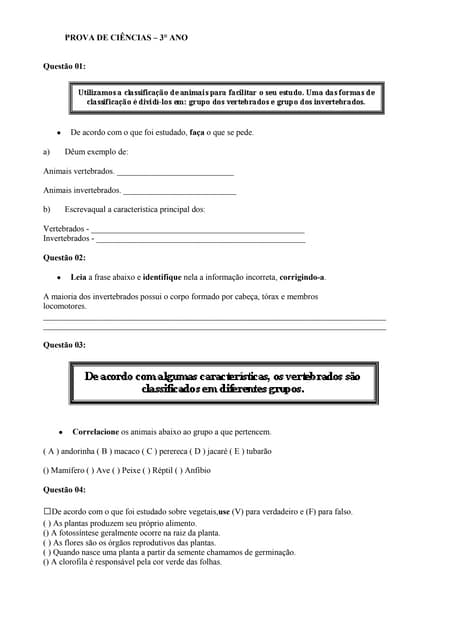 Prova de ciências  3° ano-3° bimestre