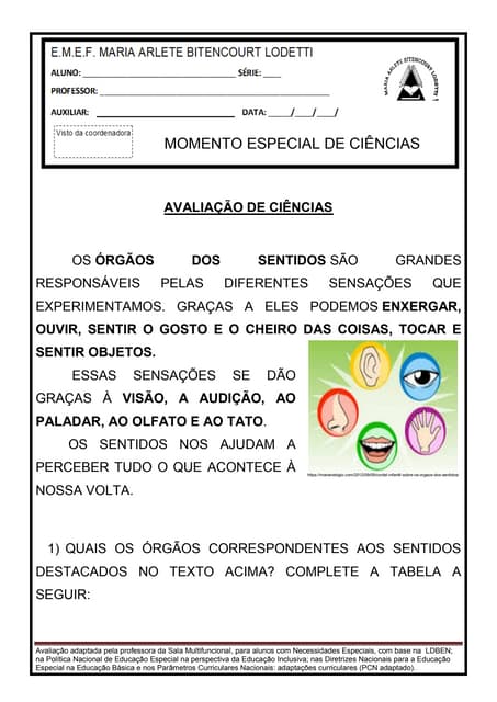 Avaliação adaptada de ciências