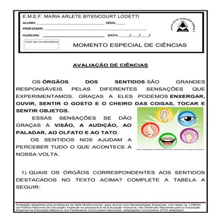 Avaliação adaptada de ciências