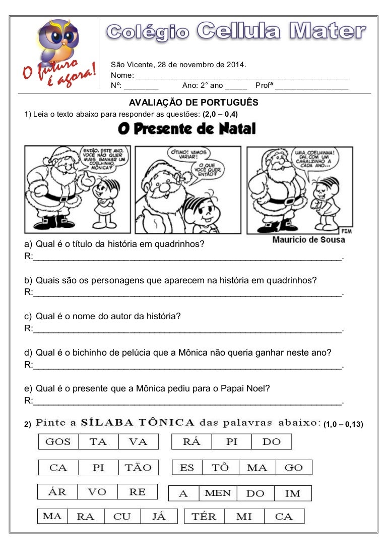 Prova de português 2 ano - Trabalhos de casa Serviço