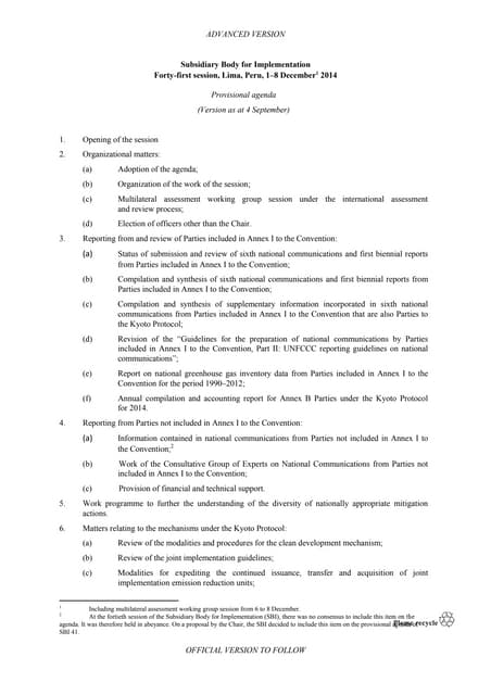 Provisional agenda (Version as at 4 September) OFFICIAL VERSION TO FOLLOW 