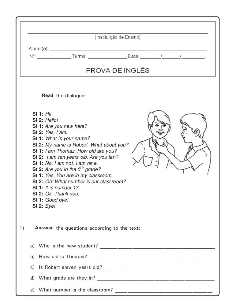 Prova Inglês 5 ano