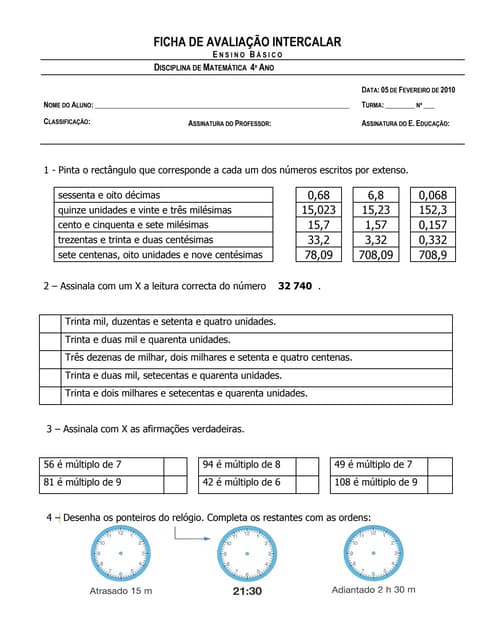 Prova intercalar 4º ano 2º período