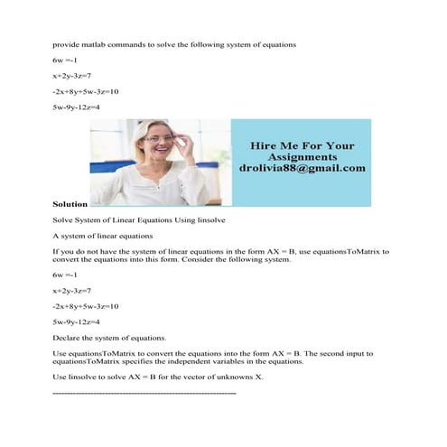 provide matlab commands to solve the following system of equations 6w.docx