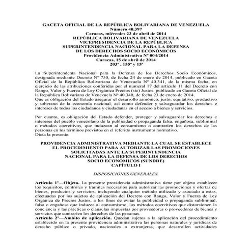 Providencia Administrativa Nº 004/2014 SUNDDE