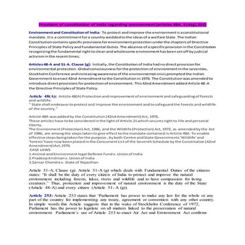 Provision of constitution of india regarding environment | DOCX