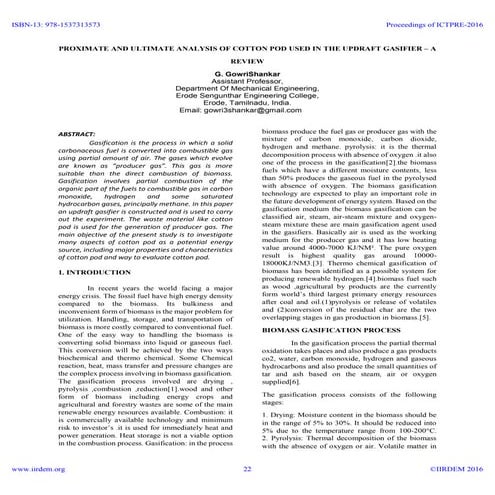 Proximate and ultimate analysis of cotton pod used in the updraft gasifier