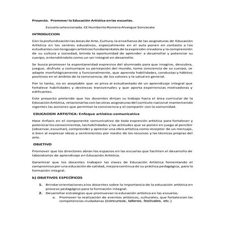 Proyecto. promover la educación artística en las escuelas