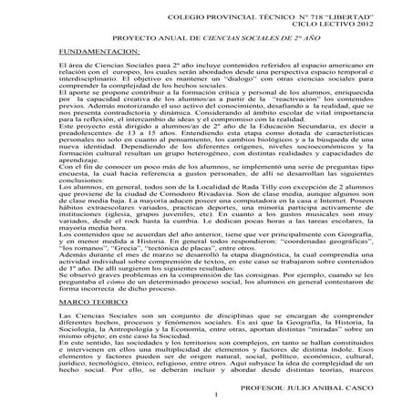 Proyecto anual 2012  ciencias sociales escuela provincial nº 718
