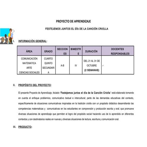 Proyecto de aprendizaje. dia de la cancion criolla 2O14