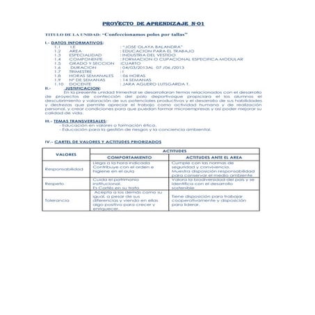 Proyecto  de aprendizaje  Nº 01