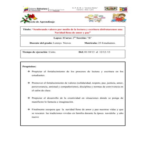 Proyecto de aprendizaje ; “sembrando valores por medio de la lectura y escrit...