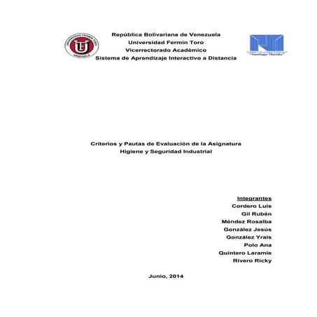 Proyecto de criterios y pautas de evaluacion de la asignatura higiene y seguridad industrial