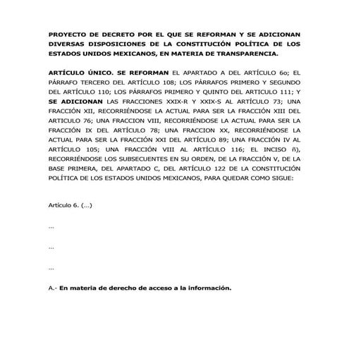 Proyecto de decreto en materia de Transparencia y Acceso a la Informacion