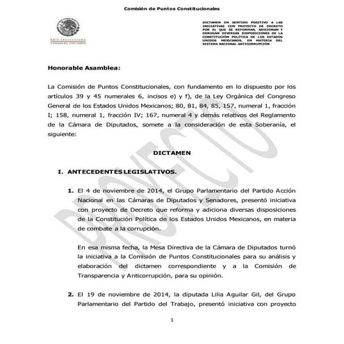 Proyecto de dictamen en materia del sistema nacional anticorrupcion