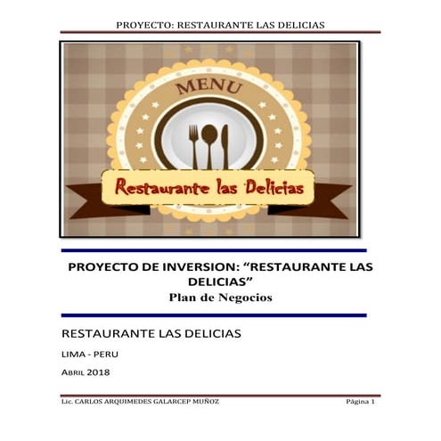 PLAN DE NEGOCIO: RESTAURANTE "LAS DELICIAS"