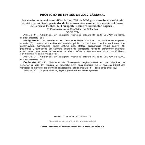 Proyecto de ley 165 de 2012 cámara