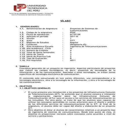 Curso: Proyecto de sistemas de comunicación: Sílabo