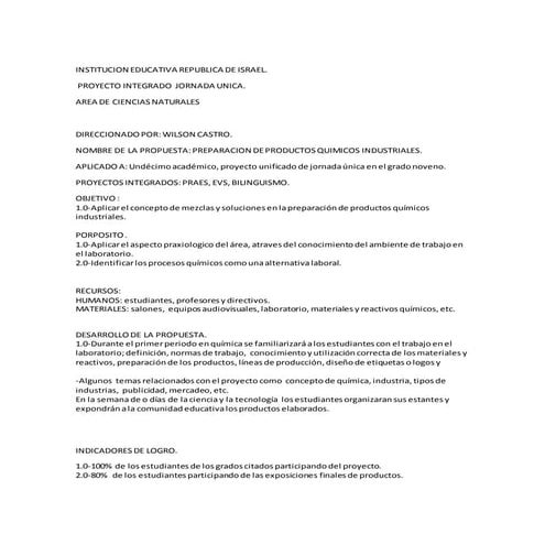 Proyecto en quimica. jornada unica. institucion educativa republica de israel