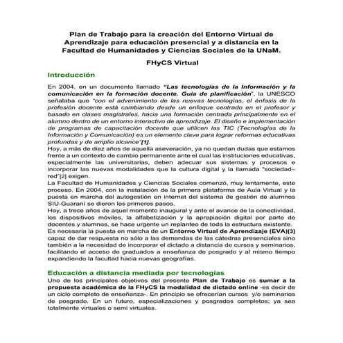 Plan de trabajo para la creación de FHyCS Virtual 2017 | PDF