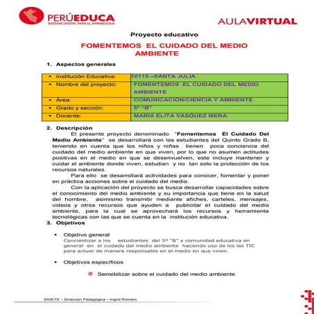Proyecto  de Aprendizaje  Fomentemos el cuidado del medio ambiente