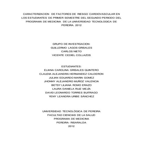 Proyecto investigacion; riesgo cardiovascular en estudiantes de medicina de l...