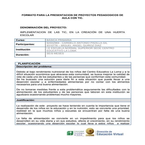 Proyecto Pedagógico de Aula: Mi Huerta Escolar | DOCX