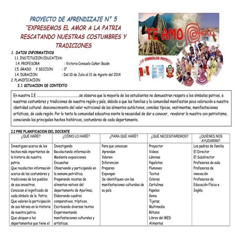 Proyecto : Fomentemos el amor a la Patria, rescatando nuestras costumbres y t...