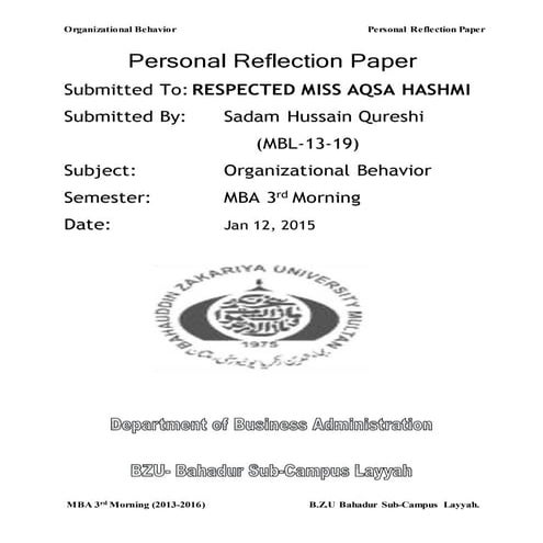 personal Reflection paper on organizational Behavior