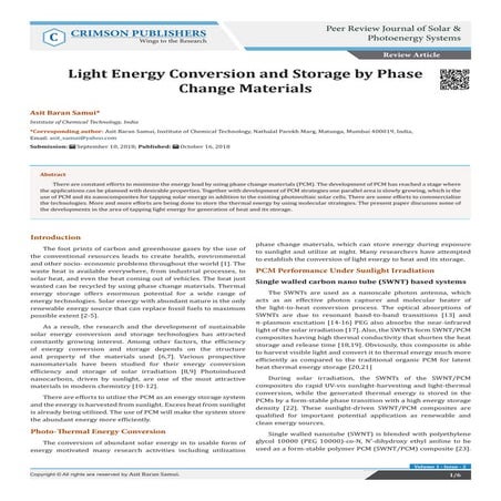 Light Energy Conversion and Storage by Phase Change Materials-Crimson Publishers