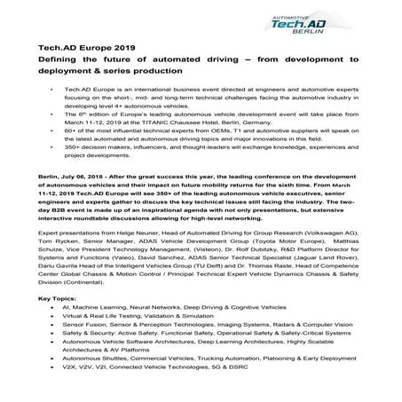 Tech.AD Europe 2019 - Defining the future of automated driving