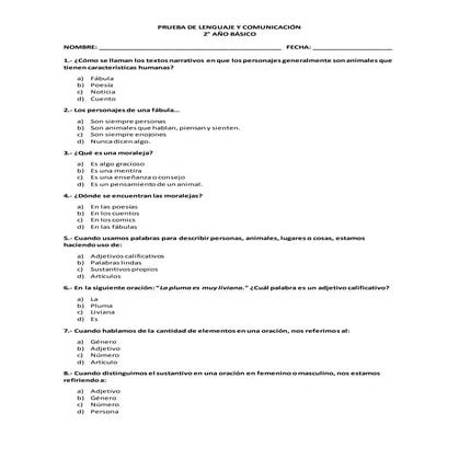 Prueba 2° básico de Lenguaje