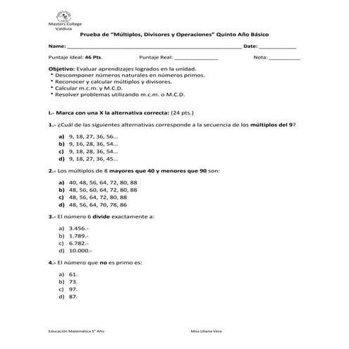 MÚLTIPLOS, DIVISORES Y OPERACIONES mate 5°