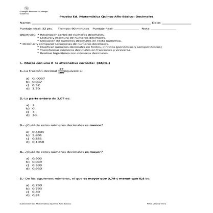Prueba 5º números decimales.