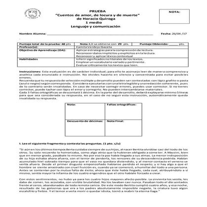 Prueba cuentos de amor, de locura y de muerte. (1 medio)