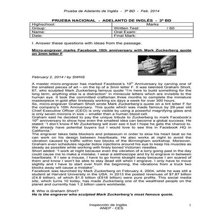 Prueba de adelanto de inglés 3º bd 2014