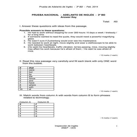 Prueba de adelanto de inglés 3º bd answer key 2014
