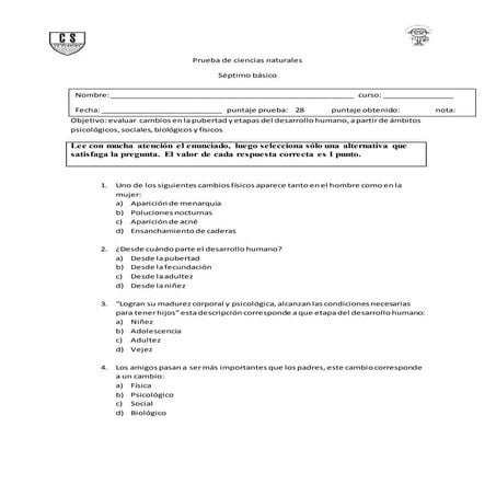 Prueba de ciencias naturales pubertad