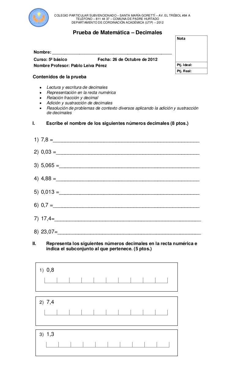Prueba de decimales 5°