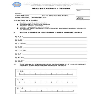 Prueba de decimales 5°