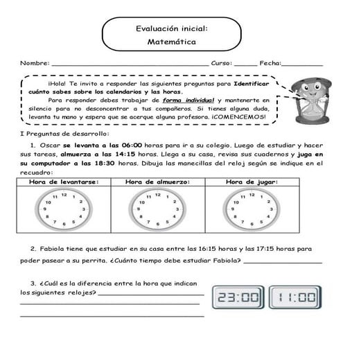 Prueba de diagnóstico matemática (hora, calendarios y linea de tiempo) 3° básico