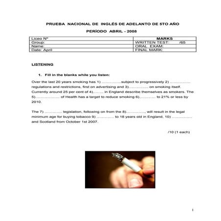 Prueba De  IngléS De Adelanto De 5 To AñO April 2008