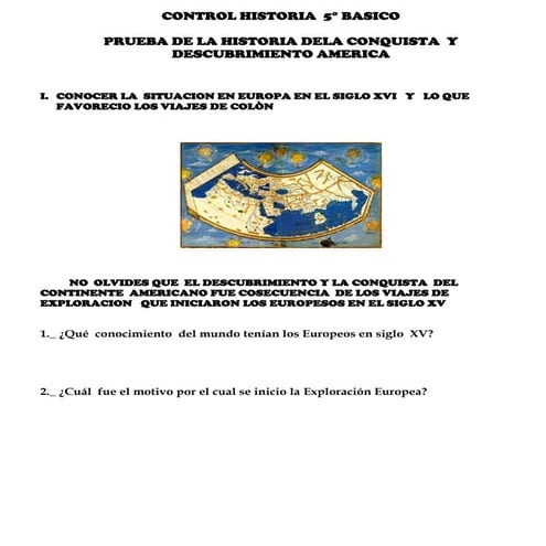 Prueba de la historia de la conquista  y descubrimiento america 5º año bàsico